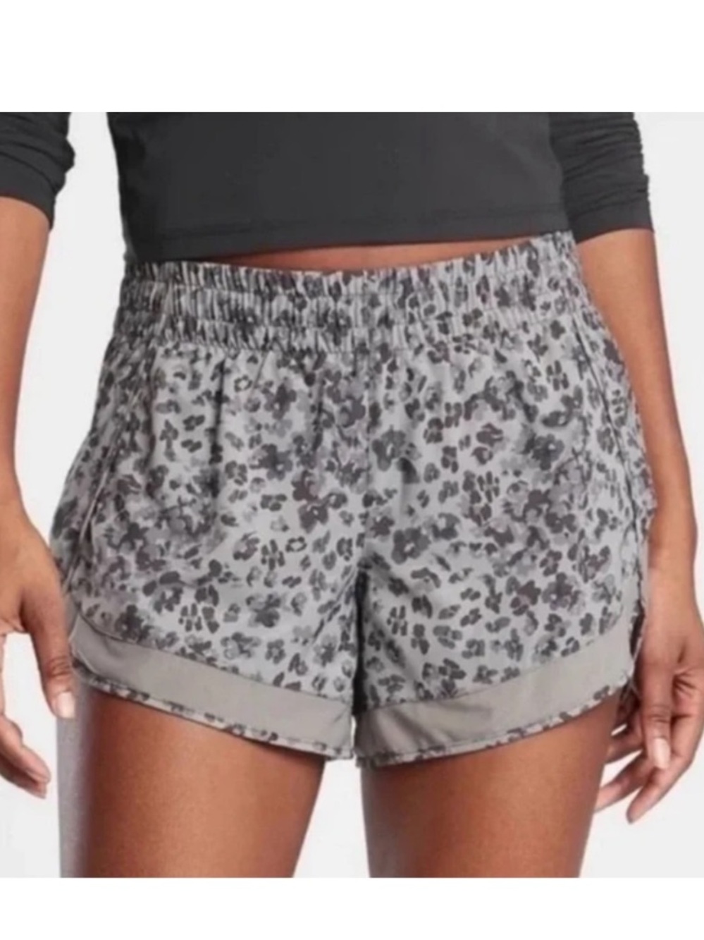 Athleta Mesh Racer Gray Leopard Print Athletic Shorts